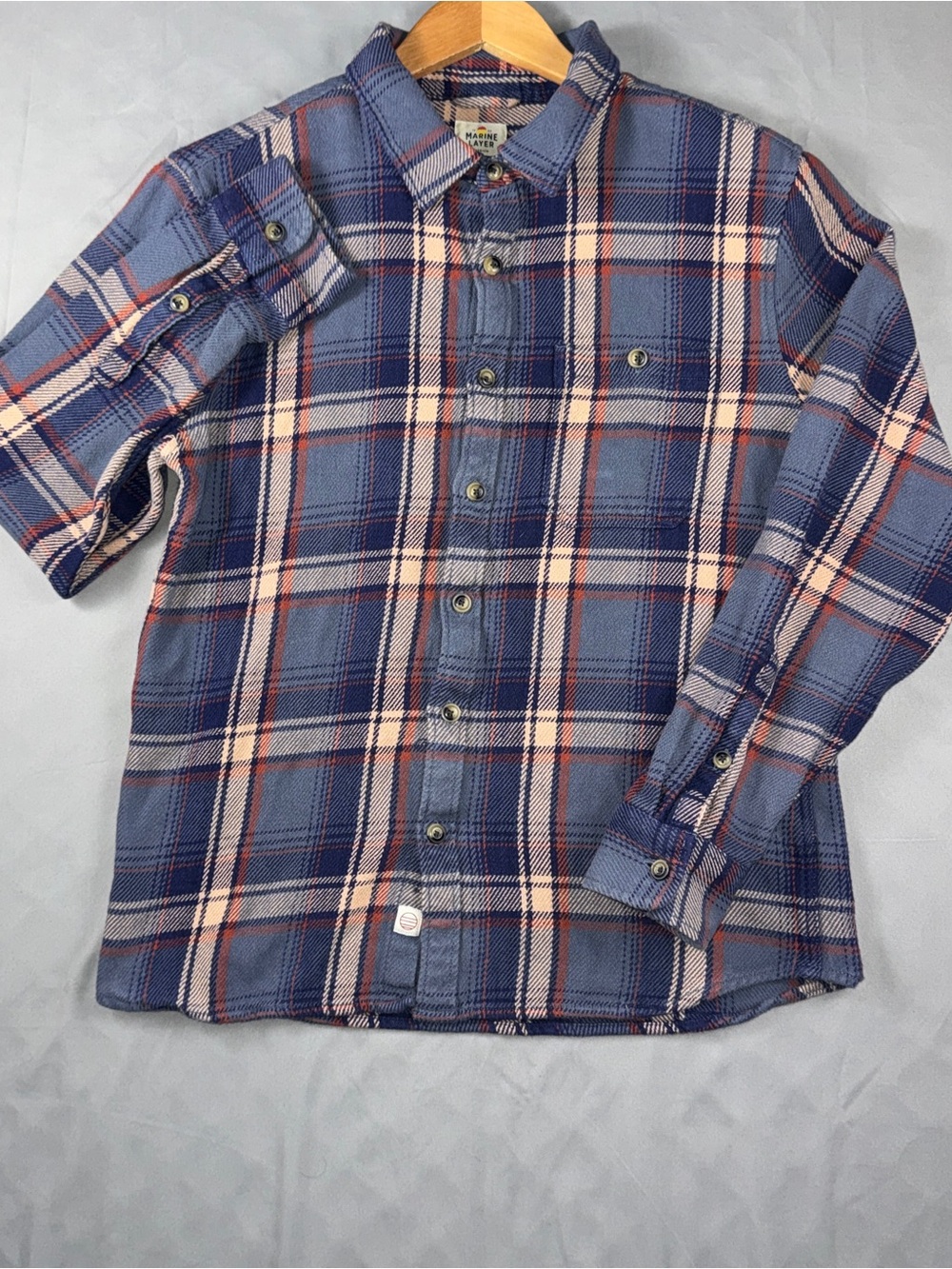 Marine Layer Shirt Mens Medium Blue Plaid Roll Tab Button Front Long Sleeve
